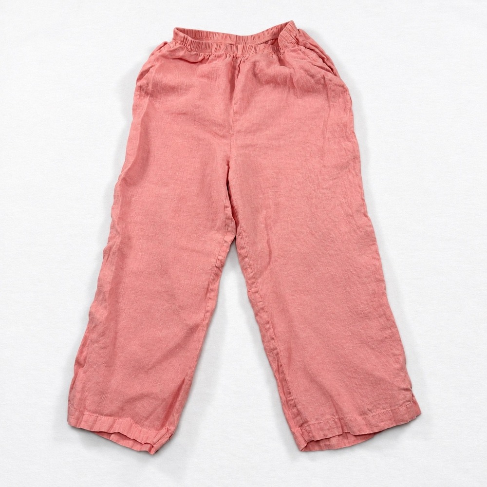 California Threads Womens M 100% Linen Cropped Pants Coral Pink Pull On Made USA